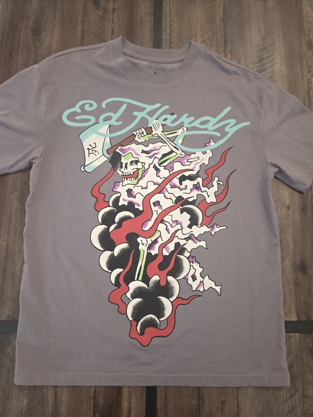 Ed Hardy Skull Graphic T Shirt Mens Medium Gray Y2K Tattoo Streetwear Tee